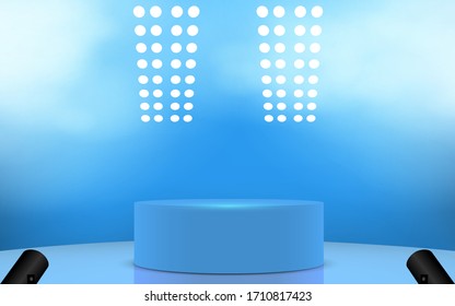 blue podium and spotlight with smoke on the studio room