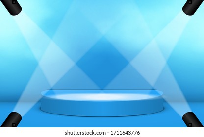 blue podium with spotlight and smoke in the studio room