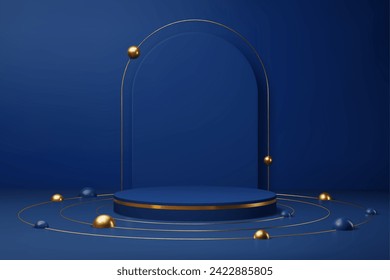 Blaue Podiumbühne mit goldenen Ringen und Kugeln, Bogen und Schatten. Vektorplattform, Ständer, Podest für die Produktdarstellung. Realistisches 3D-Showcase-Podium oder Bühnenmotte mit rundem Hintergrund und goldenen Kugeln