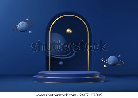 Blue podium stage with planets, arch and golden rings. Realistic 3d vector round platform or pedestal mockup for products displaying. Cosmic or Universe studio background for cosmetics presentation