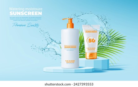 Blue podium stage with water splash and sunscreen cream mockup. Vector promo banner with elegant tube and bottle on pedestal, promising sun protection and skin safety in a convenient, chic package