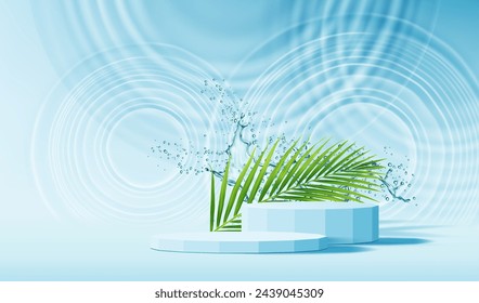 Blue podium stage with water splash, ring ripple water waves and tropical leaves. Vector background with geometric platform, refreshing immersive design for events and beauty product presentation