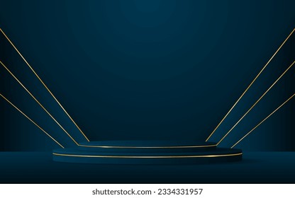 Blue podium with blue stripes with elegant gold lines on the back for product presentation. Cosmetic product display. Stage or podium. vector illustration	