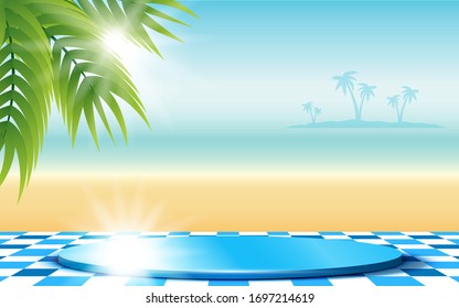 blue podium and sunlight on the beach