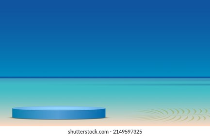 podio azul y luz solar en la playa