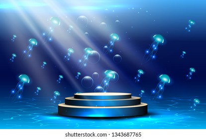 blue podium under water with jellyfish background