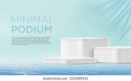 Pódio azul com cosméticos de água, beleza e produto cosmético e banner vetor mockup. Realista 3d frascos de vidro de creme de cuidados da pele no pedestal da exposição com fundo de parede pastel e folhas sombra