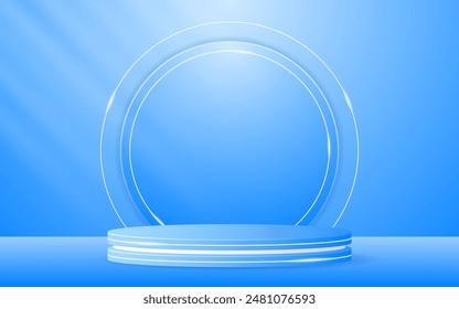 Podio azul con líneas blancas y un círculo azul en la parte posterior para la presentación del producto. Exposición de productos cosméticos. escenario o podio. Ilustración vectorial