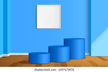 blue podium in the white studio room
