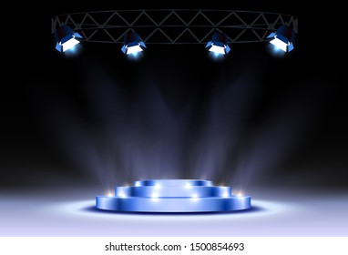 The blue podium is winner or popular on the black background. Vector illustration