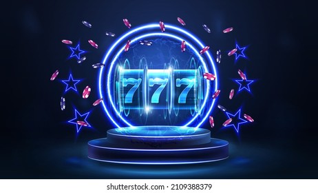 Blue podium of winners with blue neon rings, neon stars, slot machine with jackpot and poker chips in dark blue scene