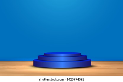 blue podiumon the wooden table in the blue room