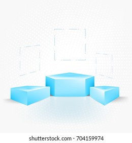 Blue podiums (pedestals) with a place for your product and shadow on white background