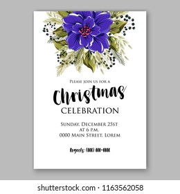 Blue Poinsettia Christmas party invitation flyer winter floral vector background bridal shower baby shower christening baptism birthday card anniversary poinsettia winter holiday wreath
