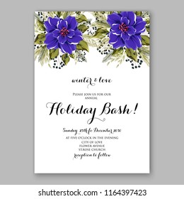 Blue Poinsettia Christmas party invitation flyer poster winter floral vector background bridal shower baby shower christening baptism birthday card anniversary peony fir pine winter holiday wreath