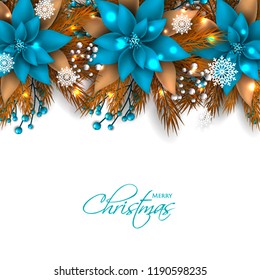 Blue Poinsettia Christmas party invitation vector template greeting card with pine and fir branches red berry wreath in the snowflake, lights