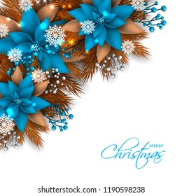 Blue Poinsettia Christmas party invitation vector template greeting card with pine and fir branches red berry wreath in the snowflake, lights