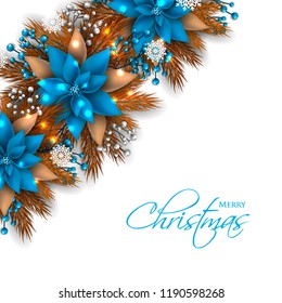 Blue Poinsettia Christmas party invitation vector template greeting card with pine and fir branches red berry wreath in the snowflake, lights