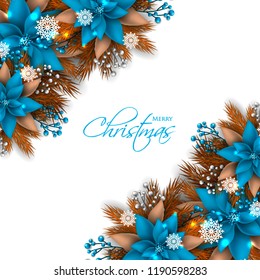 Blue Poinsettia Christmas party invitation vector template greeting card with pine and fir branches red berry wreath in the snowflake, lights