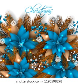 Blue Poinsettia Christmas party invitation vector template greeting card with pine and fir branches red berry wreath in the snowflake, lights