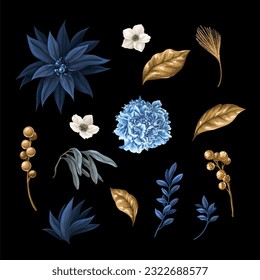 Blue poinsettia, white flowers and gold elements isolated. Vector