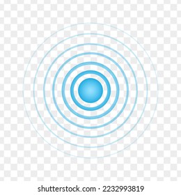 Blue point with concentric circles. Radar signal, sound or sonar wave sign on transparent background. Symbol of aim, target, healing, hurt, painkilling. Round localization icon. Vector illustration