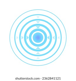 Blue point with concentric circles. Radar signal, sound or sonar wave sign on transparent background. Symbol of aim, target, healing, hurt, painkilling. Round localization icon. Vector illustration