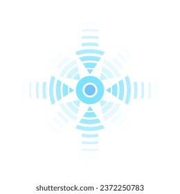 Blue point with concentric circles. Radar signal, sound or sonar wave sign on transparent background. Symbol of aim, target, healing, hurt, painkilling. Round localization icon. Vector illustration