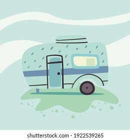 blue and pointed camper trailer outside design of caravan trip camp adventure transportation and travel theme Vector illustration