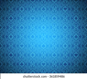 Blue poker background with dark damask pattern and cards symbols