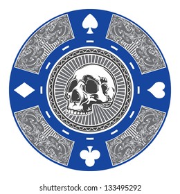 A blue poker chip with an ornate tribal style center.