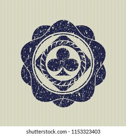 Blue poker clover icon inside distress rubber stamp with grunge texture