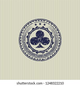 Blue poker clover icon inside distressed rubber seal with grunge texture
