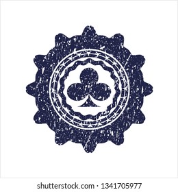 Blue poker clover icon inside rubber stamp with grunge texture