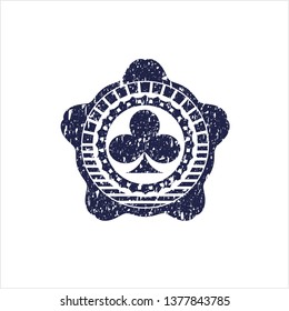 Blue poker clover icon inside rubber stamp with grunge texture