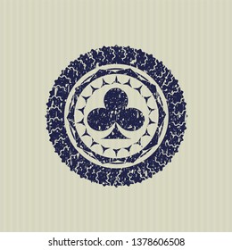 Blue poker clover icon inside distress rubber grunge texture seal