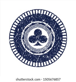 Blue poker clover icon inside distressed rubber grunge seal