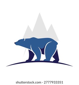 A blue polar bear stands on a hill with mountains in the background, symbolizing nature and wildlife