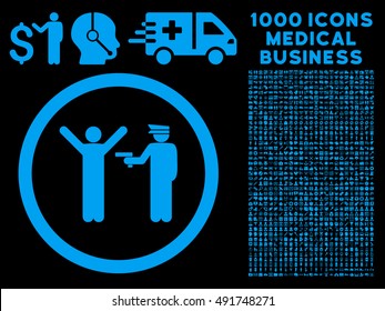 Blue Police Arrest vector rounded icon. Image style is a flat icon symbol inside a circle, black background. Bonus set includes 1000 healthcare business design elements.