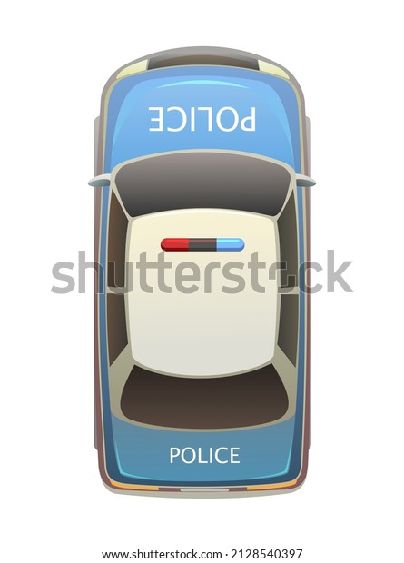 Blue police automobile. View from above. Modern\
car. Cartoon cute style illustration. Object isolated on white\
background. Vector.