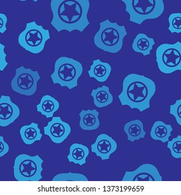 Blue Police badge icon isolated seamless pattern on blue background. Sheriff badge sign. Vector Illustration