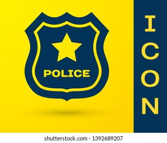Blue Police badge icon isolated on yellow background. Sheriff badge sign. Vector Illustration
