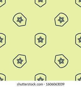 Blue Police badge icon isolated seamless pattern on yellow background. Sheriff badge sign. Shield with star symbol.  Vector Illustration