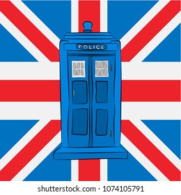 Blue police box on the Union Jack