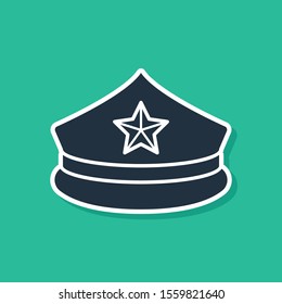 Blue Police cap with cockade icon isolated on green background. Police hat sign.  Vector Illustration