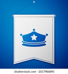 Blue Police cap with cockade icon isolated on blue background. Police hat sign. White pennant template. Vector