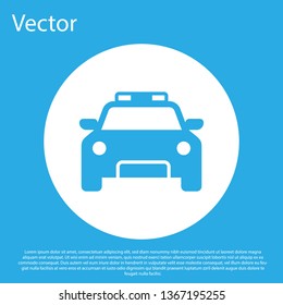 Blue Police car and police flasher icon isolated on blue background. Emergency flashing siren. White circle button. Flat design. Vector Illustration
