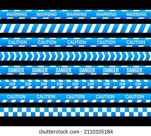 Blue police line set. Crime scene yellow tape. danger tapes. Vector stock illustration.