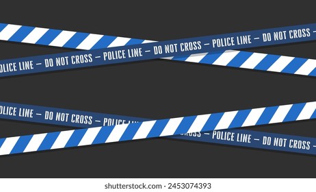 Blue Police Warning Tape Wrapped Around, Isolated on Dark Background. Police Lines, Wide Vector Design, Banner for Web, Social Media