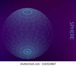 Blue poligonal sphere with points and connected lines on violet backdrop. Wireframe vector illustration. Digital global connections. Technology modern style. Networks. Trendy abstract grid 3d design.
